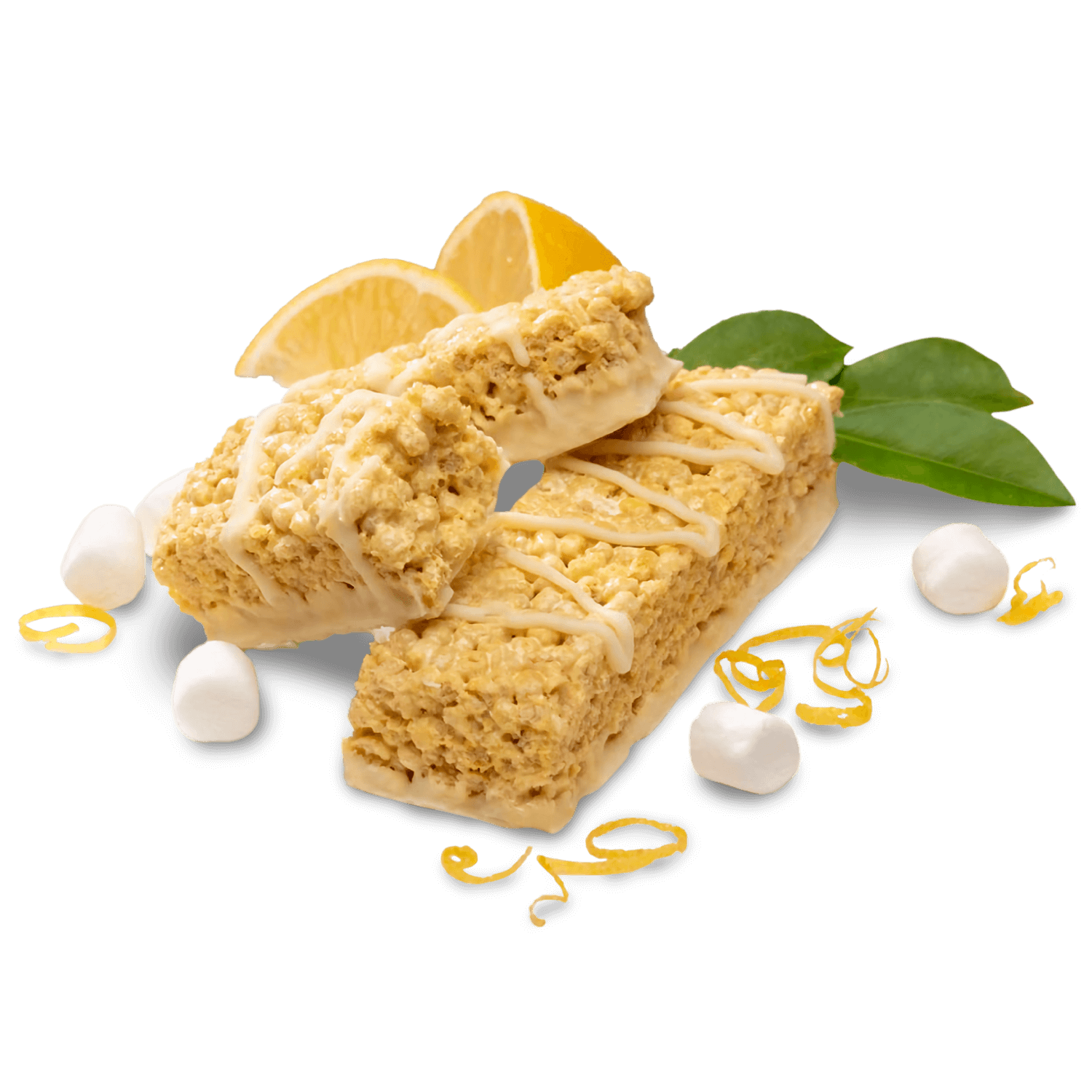 Delicious protein bars with lemon flavor, drizzled with icing and surrounded by lemon slices and marshmallows.
